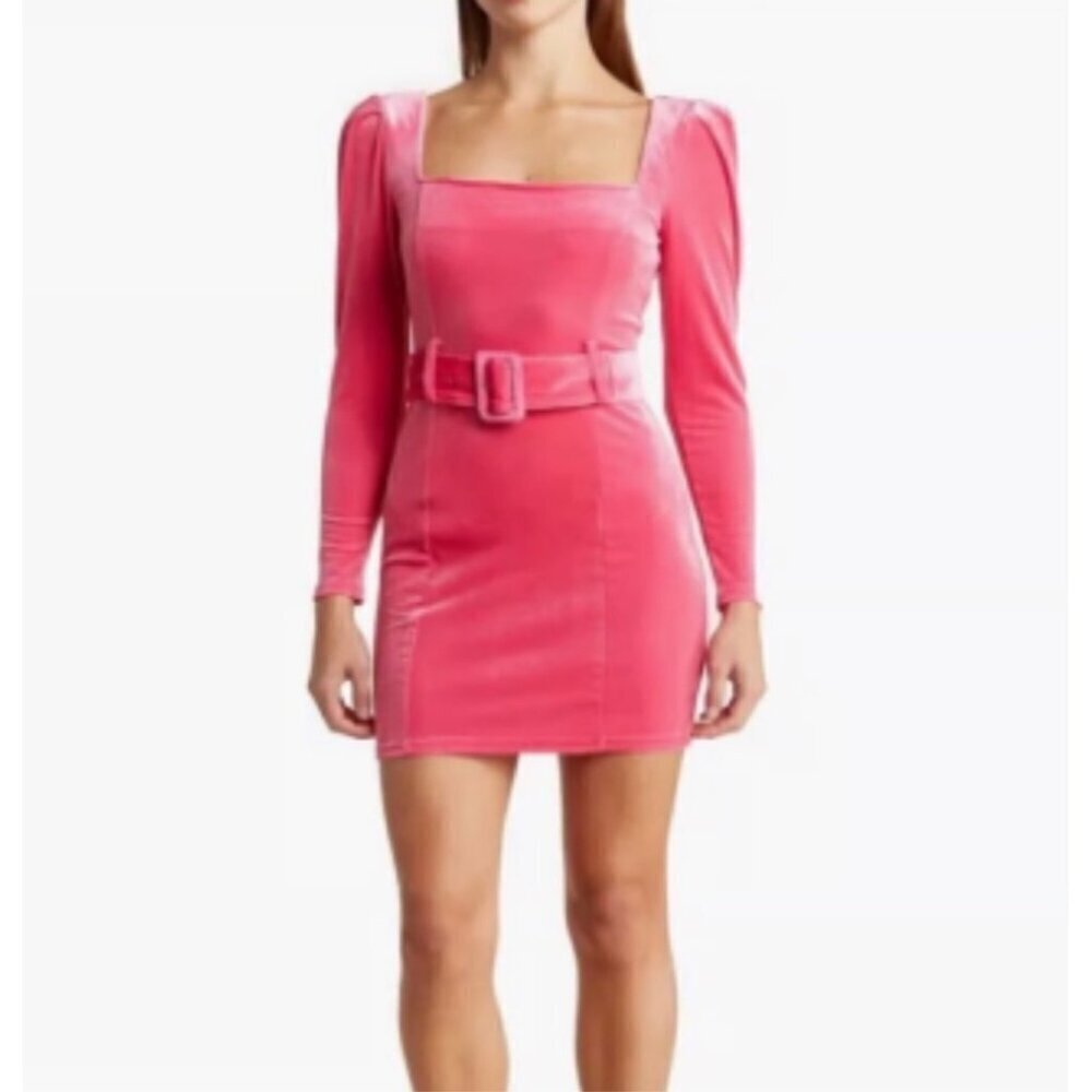 Blu Pepper Hot Pink Velvet Square Neck Mini Dress with Belt